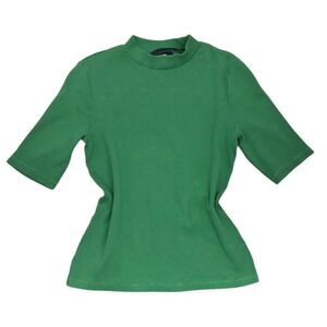 Maeve Anthropologie Green Ribbed Mock Neck Top Short Sleeve Fitted XS‎